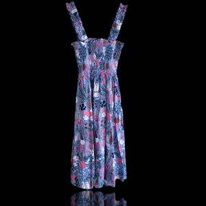 Kate Spade - Blue Cactus & Cat Print Smocked Midi Dress, XS